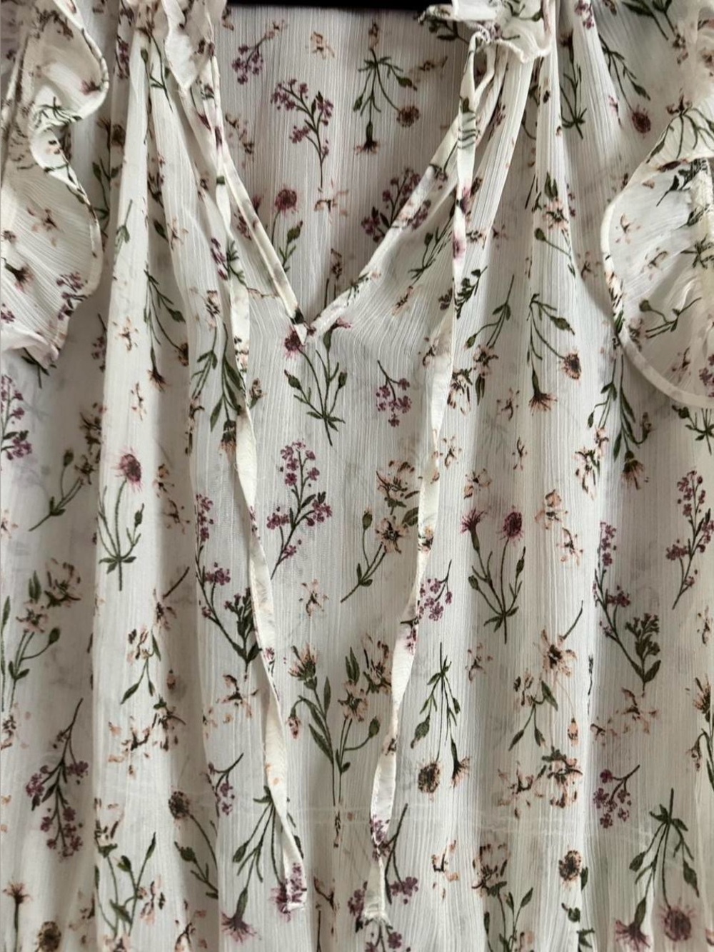 Floral Ruffle V-Neck Sleeveless Top - Cream with Pink & Green Floral Print - Picture 3 of 3
